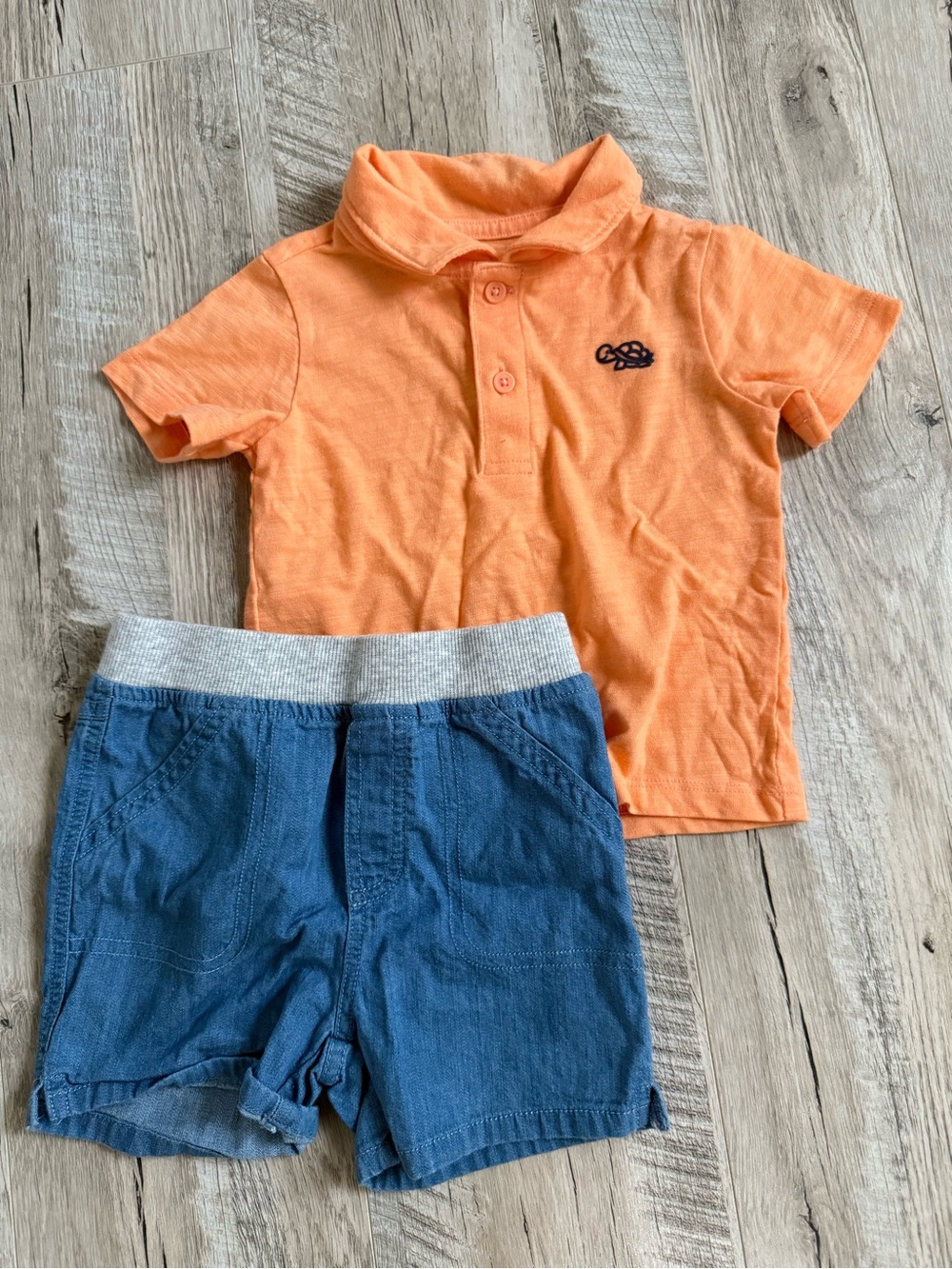 Orange Polo Tee with Blue Embroidered Logo + Denim-Look Blue Shorts